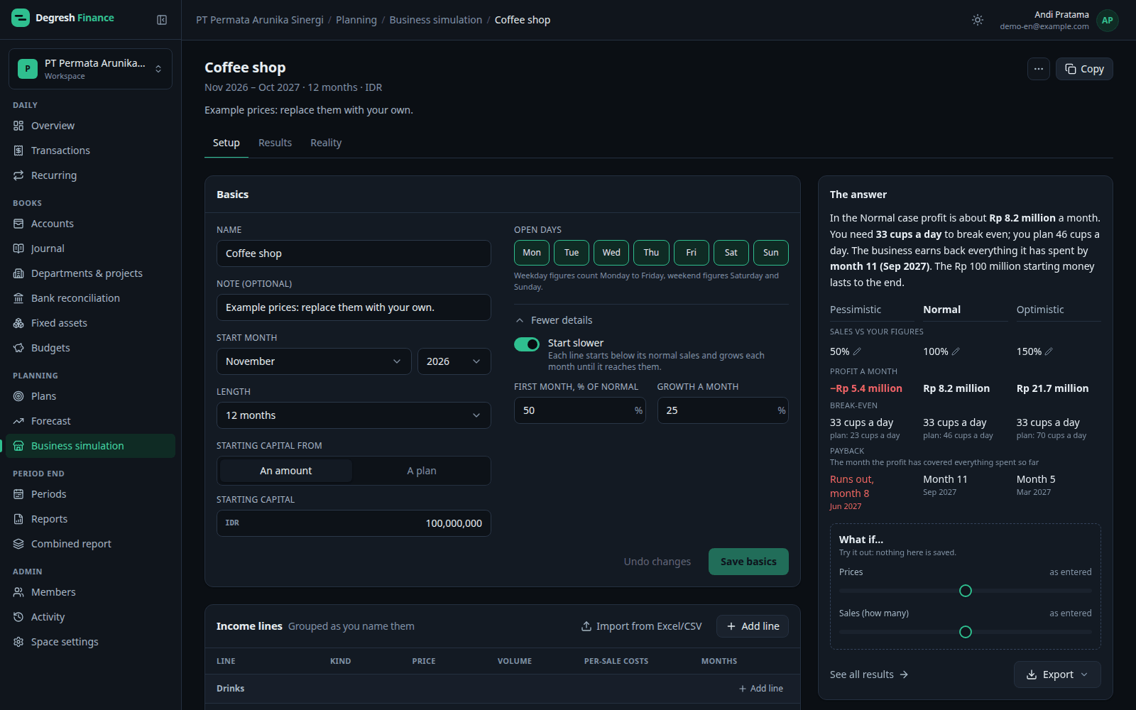 Business simulation · Setup